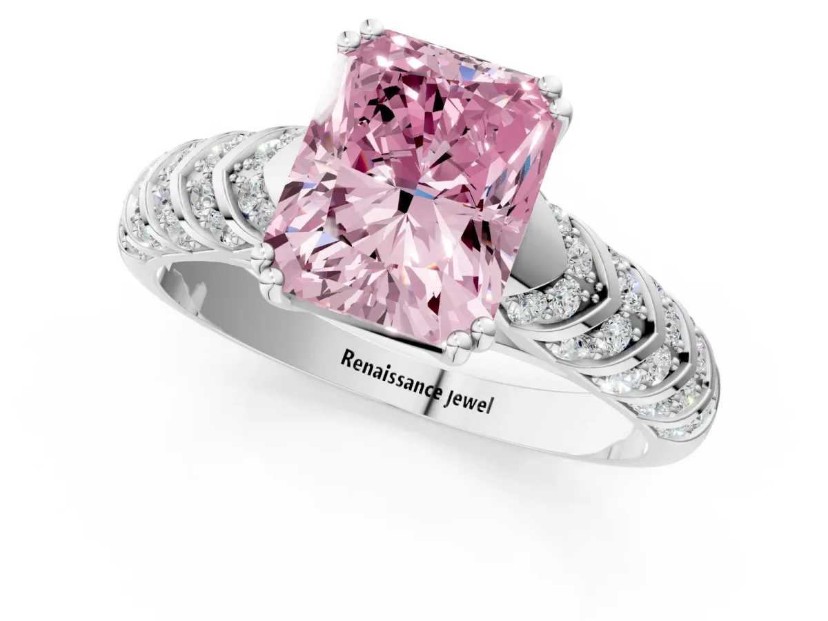 Fancy Pink Radiant Cut Solitaire Chevron Pave Diamond Engagement Ring with Six-Prong Setting Platinum