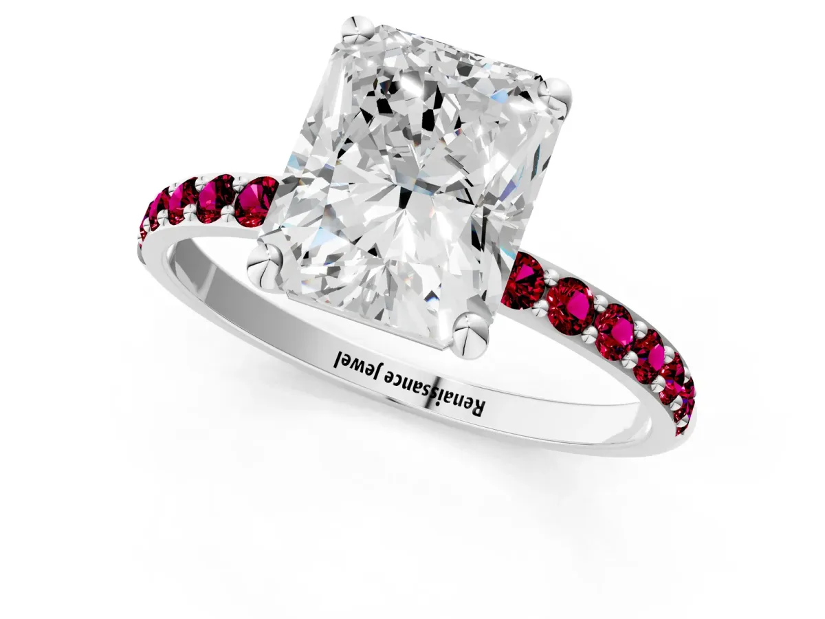 Radiant Cut Diamond Solitaire Ring with Round Garnet Pavé Band and Prong Setting Silver