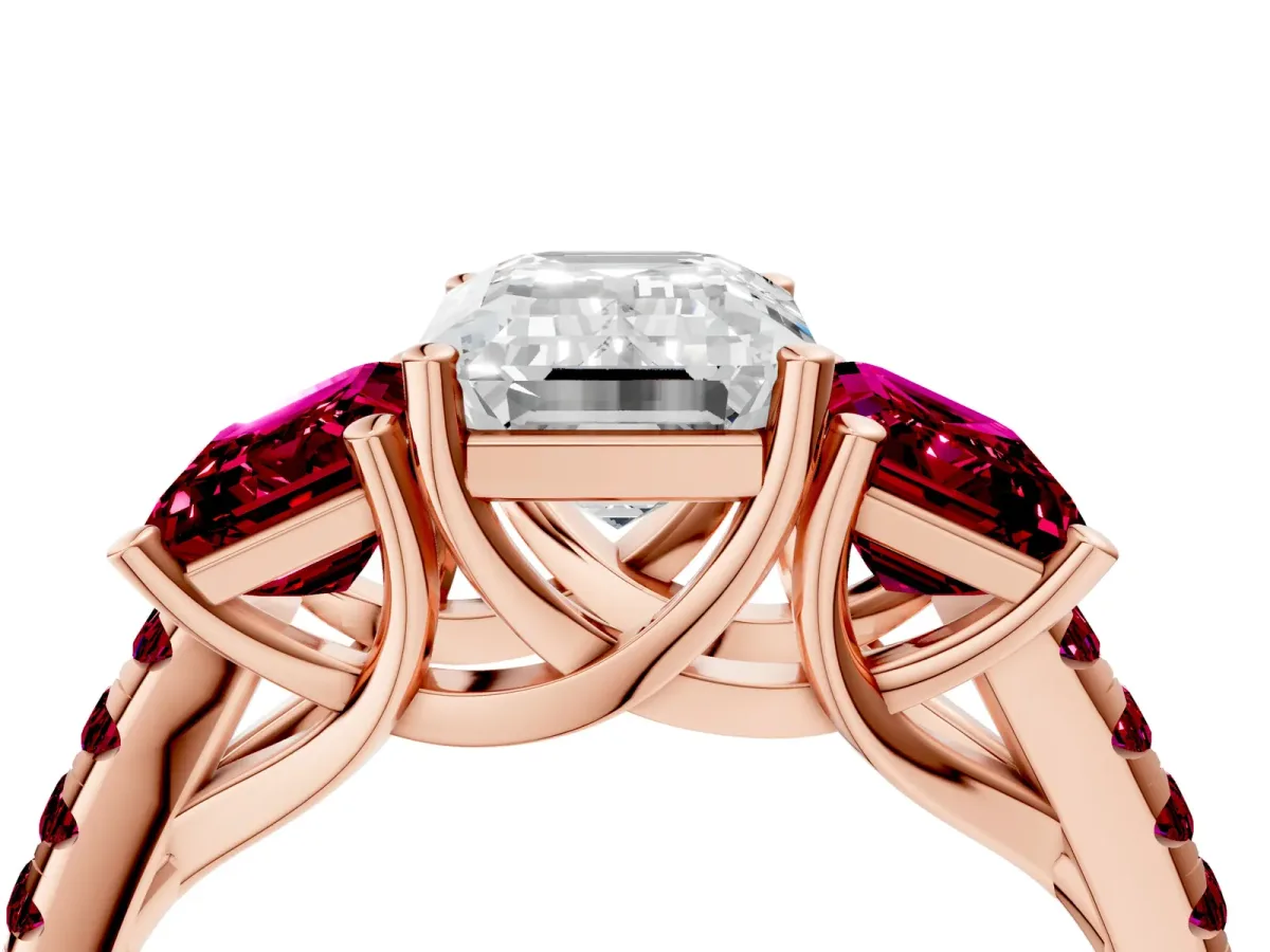 Three-Stone Emerald Cut Diamond Ring with Round Garnet Pavé Band and Prong Setting Rose gold