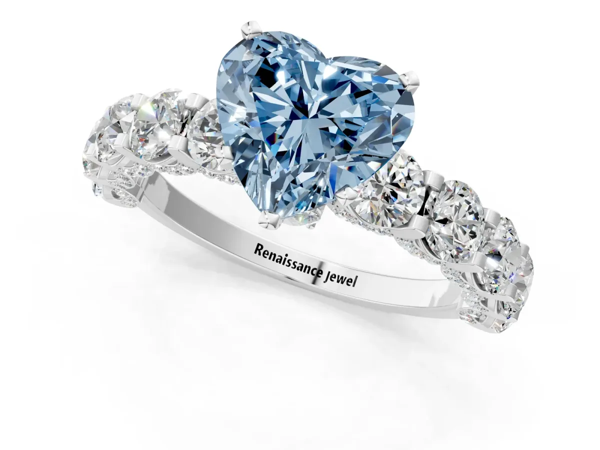 Fancy Blue Heart Cut Diamond Side Stone Engagement Ring with Four-Prong Setting White gold