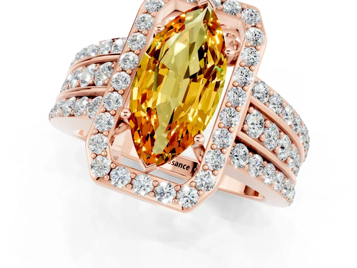 Marquise Cut Halo Citrine Ring with Round Split Shank and Prong Setting Rose gold