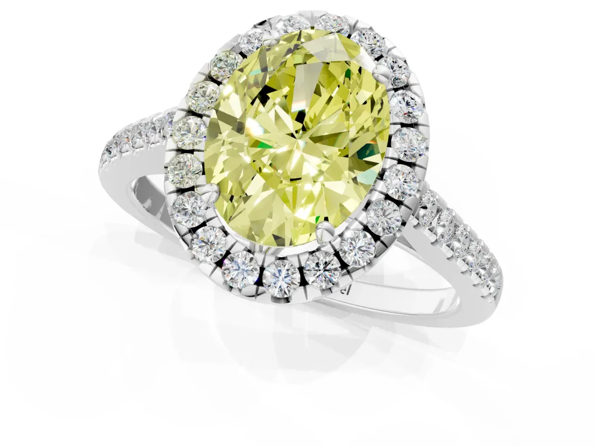 Fancy Yellow Oval Cut Halo Pavé Diamond Engagement Ring with Four-Prong Setting Silver