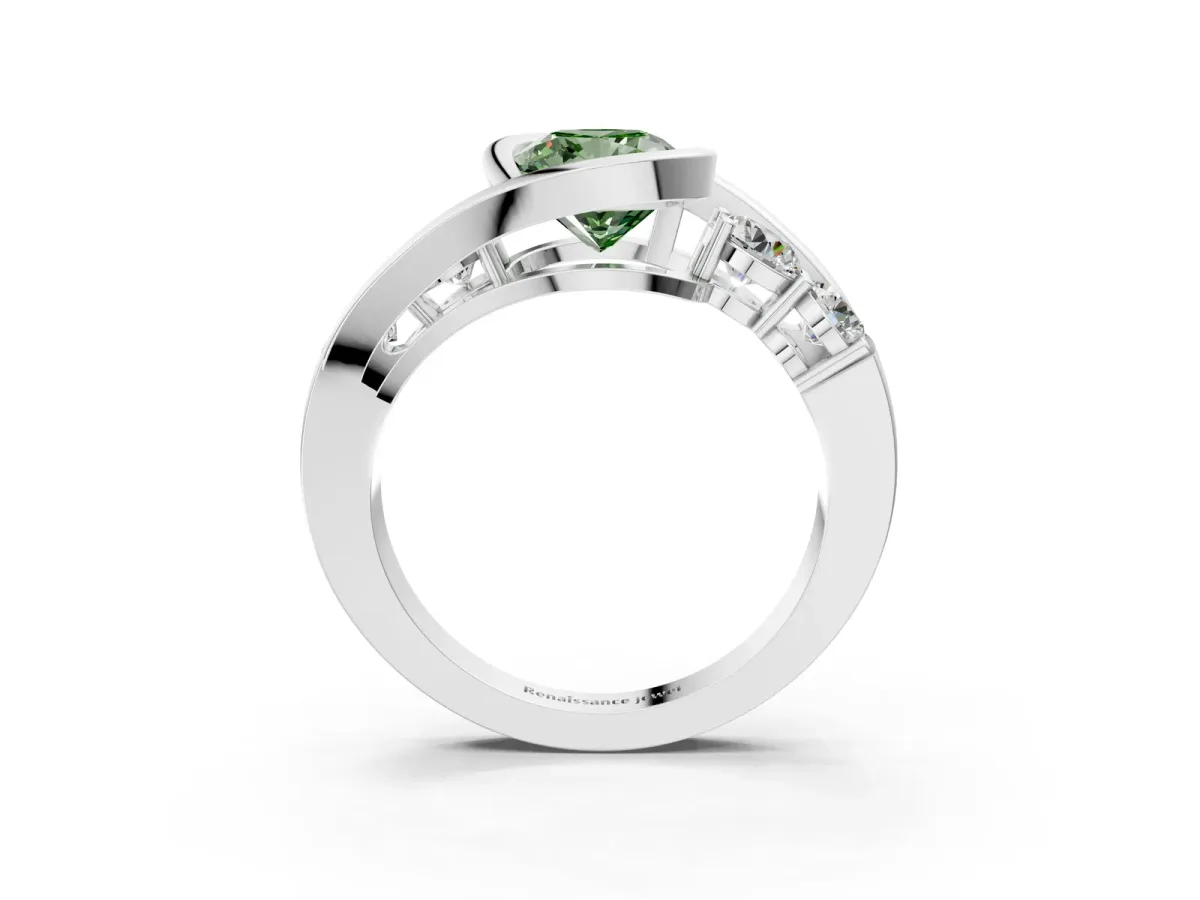 Fancy Green Bezel Set Cushion Cut Diamond Bypass Ring with Round Accents Platinum