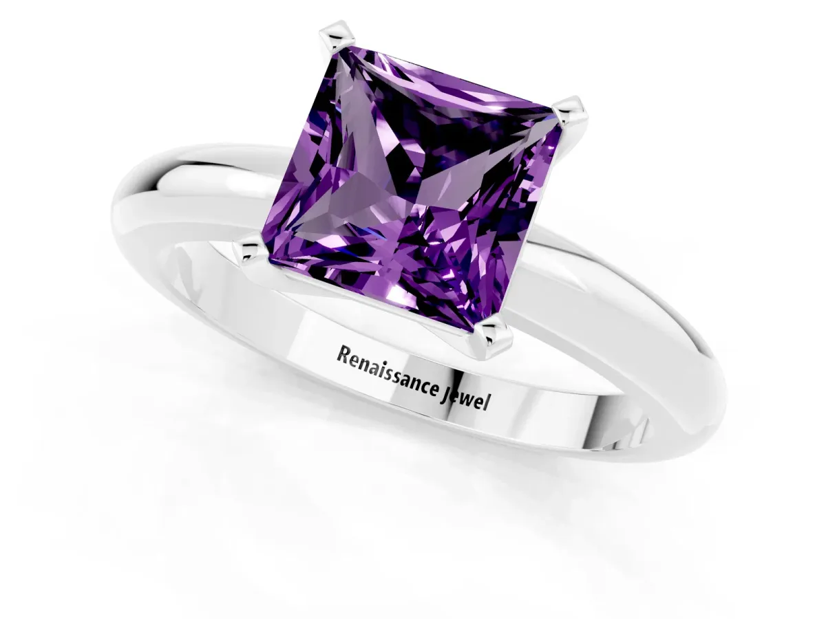 Princess Cut Amethyst Solitaire Engagement Ring with Round Band and Four-Prong Setting Silver