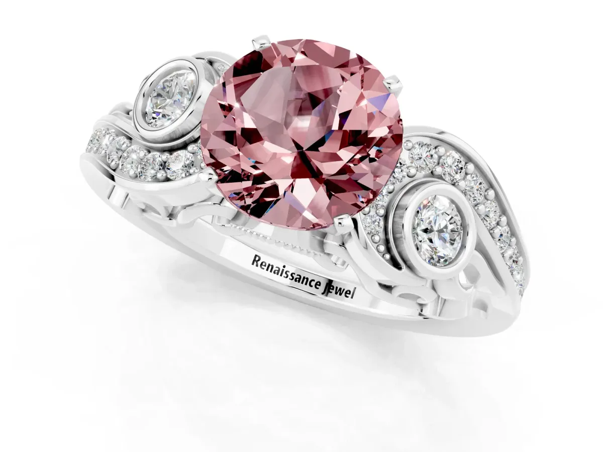 Round Cut Morganite Solitaire Ring with Milgrain Pavé Band and Four-Prong Setting Silver