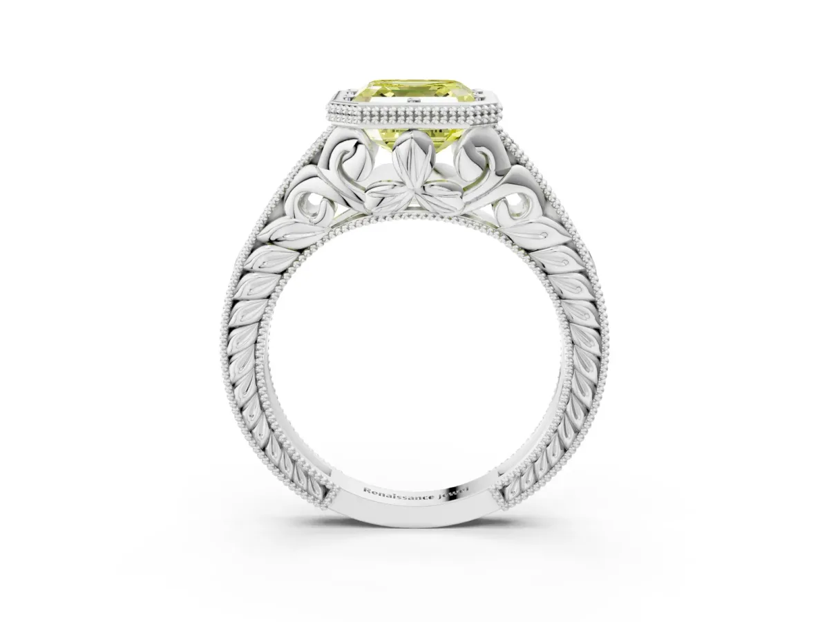 Fancy Yellow Bezel Set Asscher Cut Diamond Milgrain Pave Engagement Ring Platinum