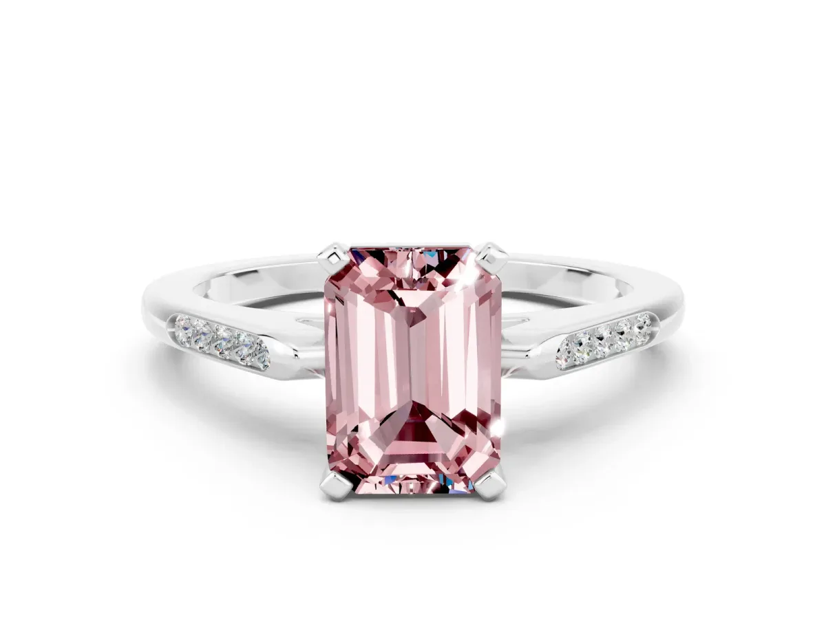 Emerald Cut Morganite Solitaire Ring with Channel Set Round Band and Prong Setting Silver