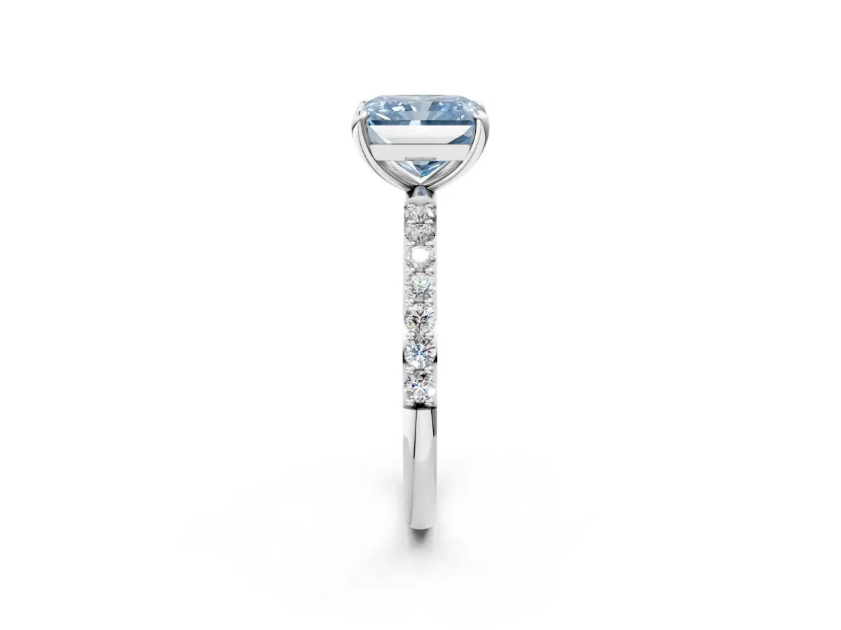 Fancy Blue Radiant Cut Diamond Solitaire Ring with Round Pavé Band and Prong Setting Silver