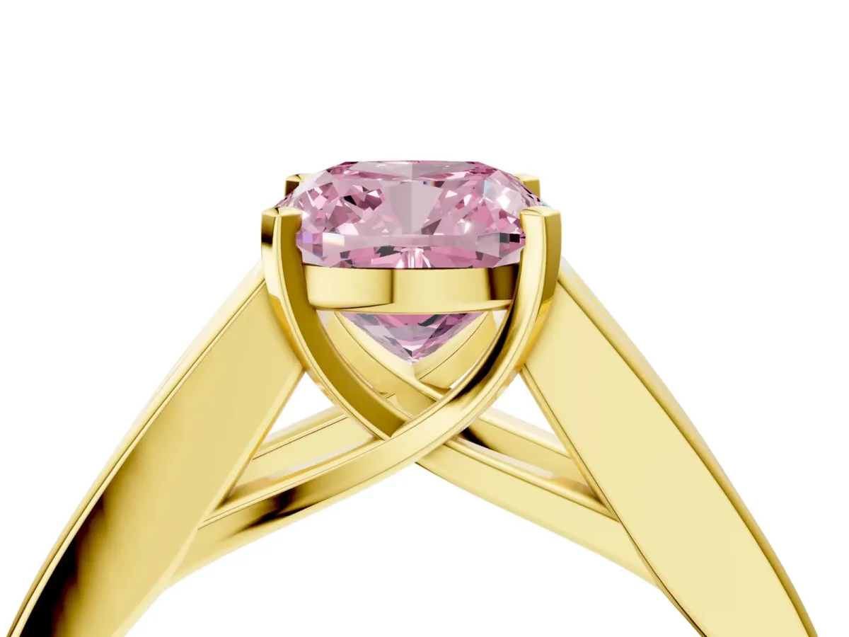 Fancy Pink Cushion Cut Cut Channel Set Solitaire Ring with Four-Prong Setting Yellow gold