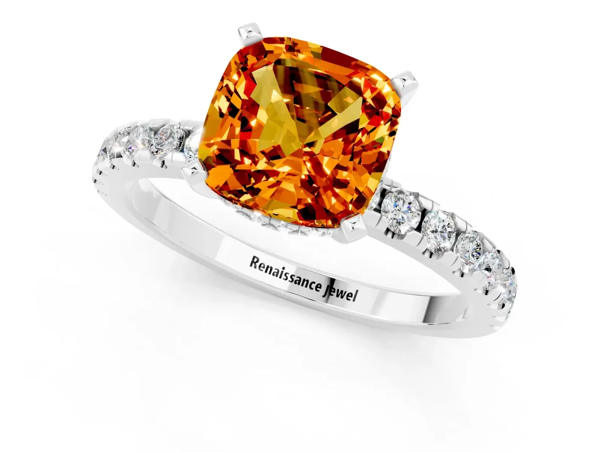 Cushion Cut Citrine Solitaire Ring with Round Pavé Band and Four-Prong Setting Silver