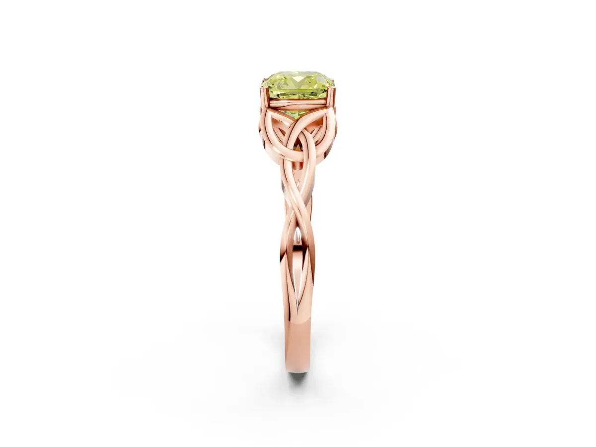 Fancy Yellow Cushion Cut Diamond Solitaire Celtic Knot Ring with Four-Prong Setting Rose gold