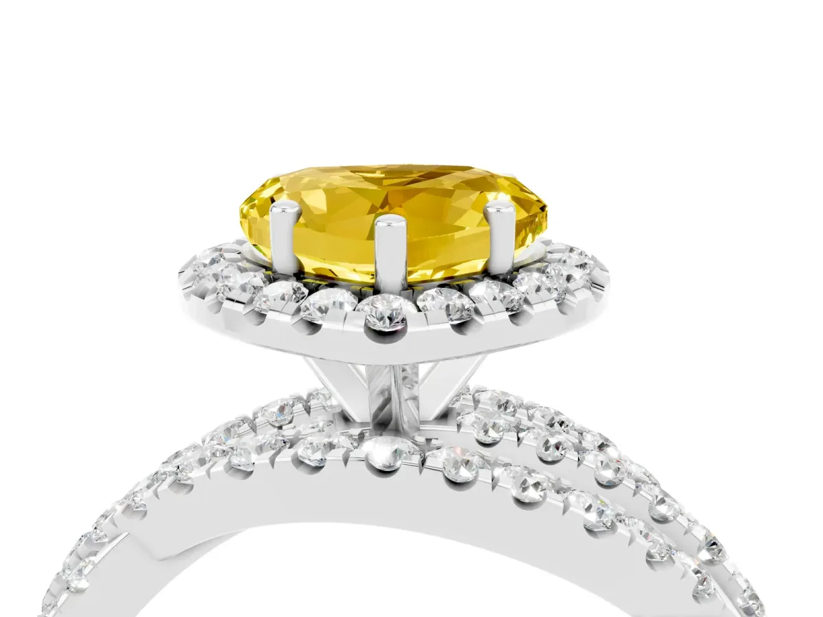 Heart Cut Yellow Sapphire Halo Ring with Round Split Shank and Prong Setting Platinum