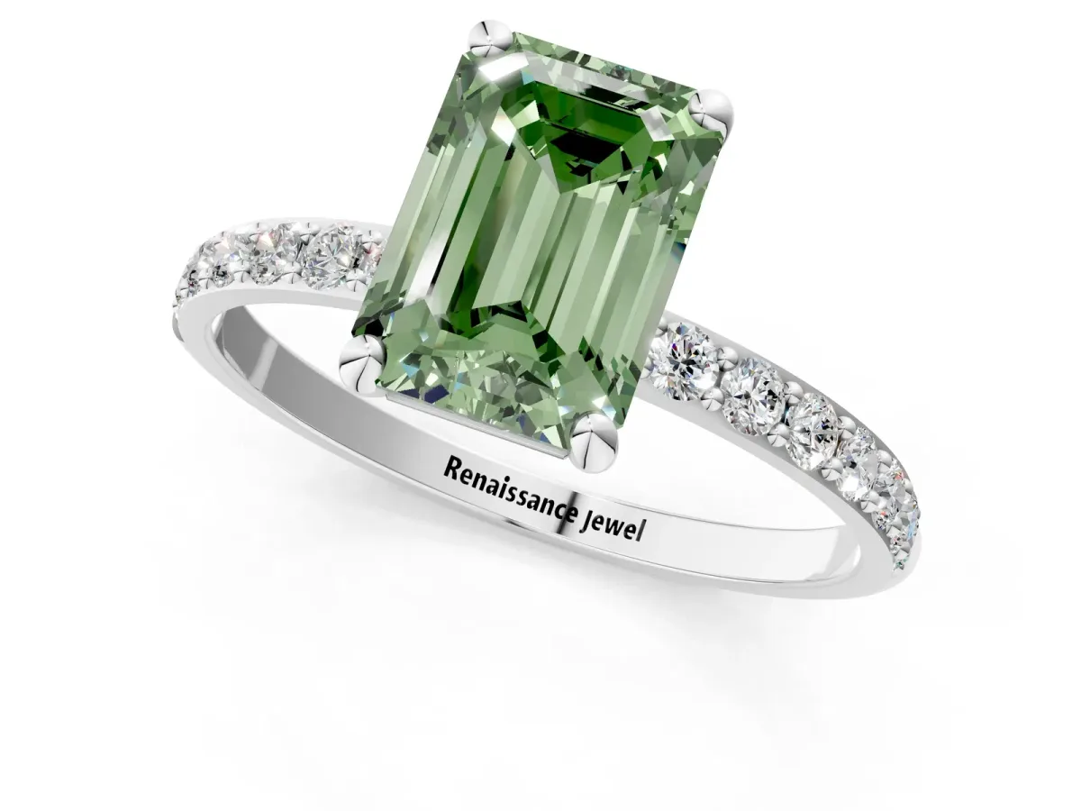 Fancy Green Emerald Cut Diamond Solitaire Ring with Round Pavé Band and Prong Setting Silver
