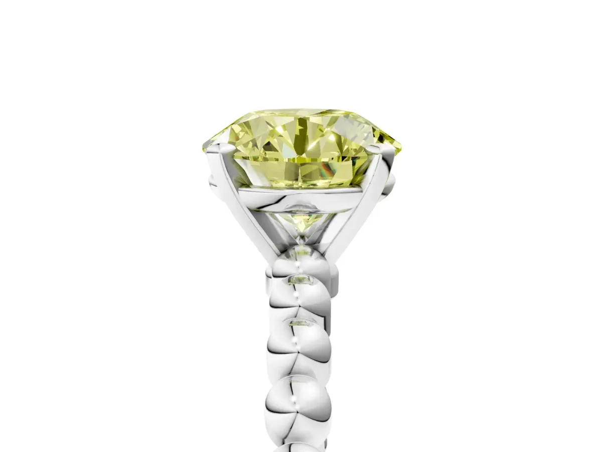Fancy Yellow Round Cut Diamond Solitaire Ring with Beaded Band and Prong Setting Platinum