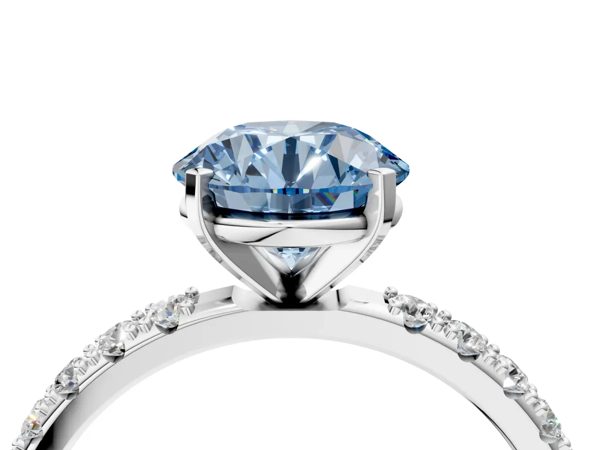 Fancy Blue Round Cut Diamond Solitaire Pavé Band with Four-Prong Setting Silver