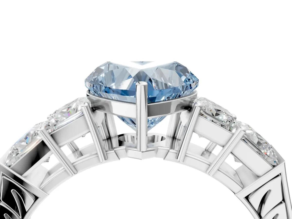 Fancy Blue Heart Cut Solitaire Princess Side Stone Engraved Band Prong Setting Ring Platinum