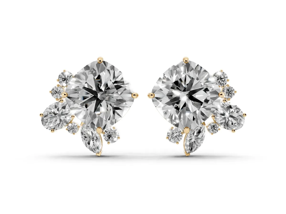 Cushion Cut Diamond Floral Stud Earrings with Multi-Shape Accents Yellow gold