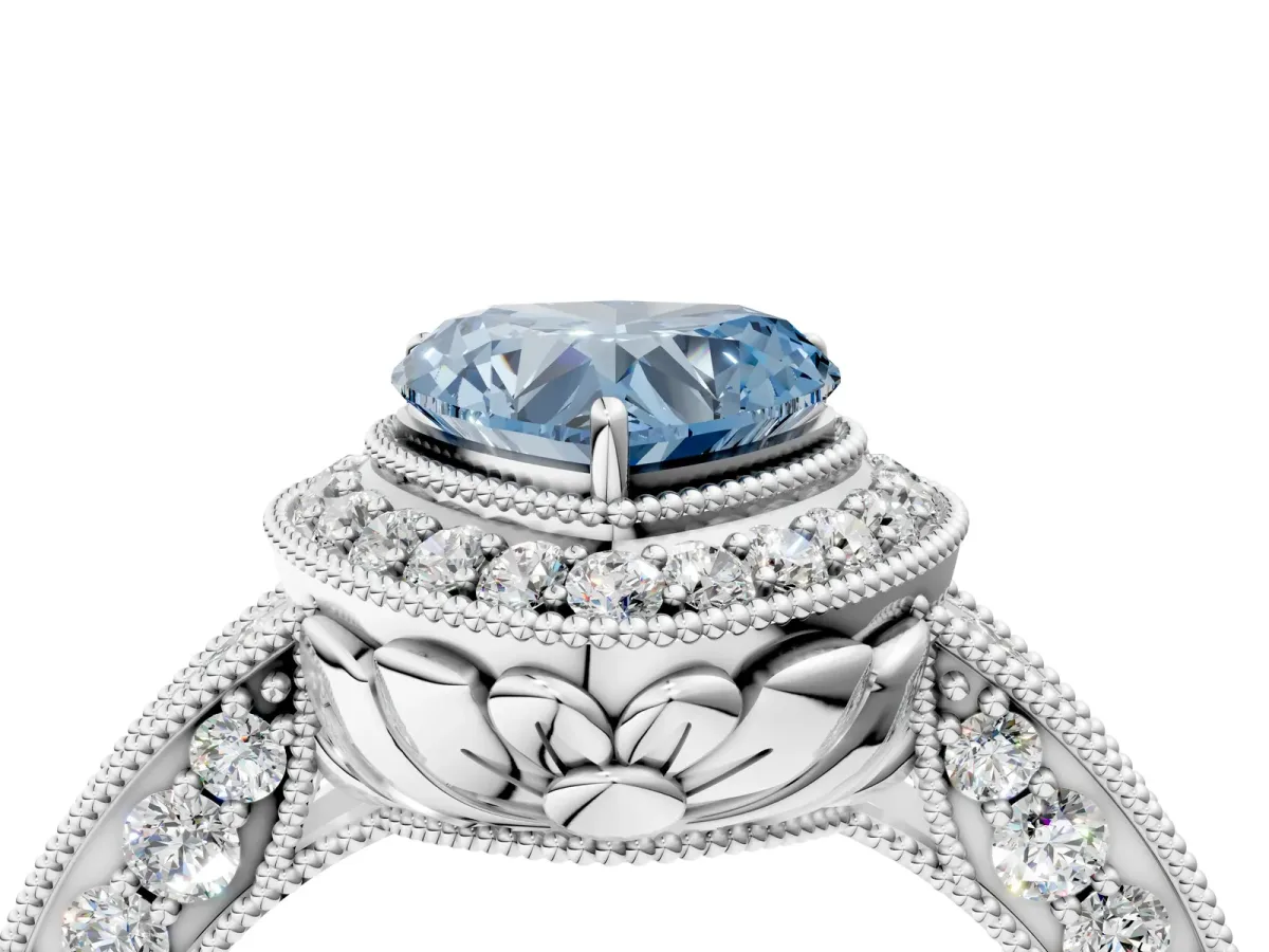 Fancy Blue Heart Cut Halo Diamond Split Shank Ring with Milgrain Detail Platinum