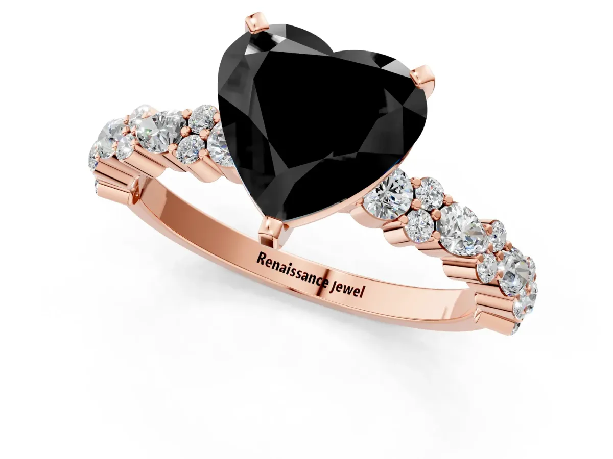 Fancy Black Heart Cut Diamond Side Stone Solitaire Ring with Round and Four-Prong Setting Rose gold