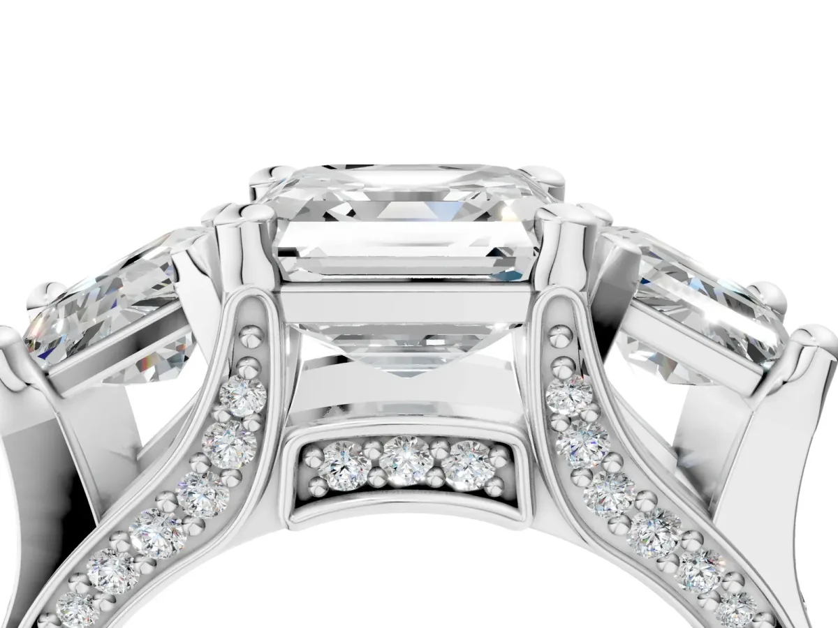Asscher Cut Diamond Three-Stone Ring with Channel Set Band and Four-Prong Setting Platinum