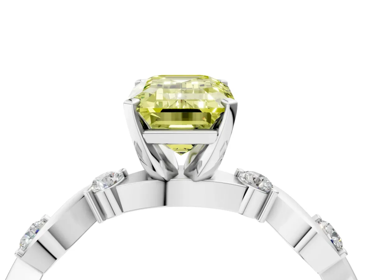 Fancy Yellow Emerald Cut Diamond Solitaire Twisted Band with Round Accents and Prong Setting Silver
