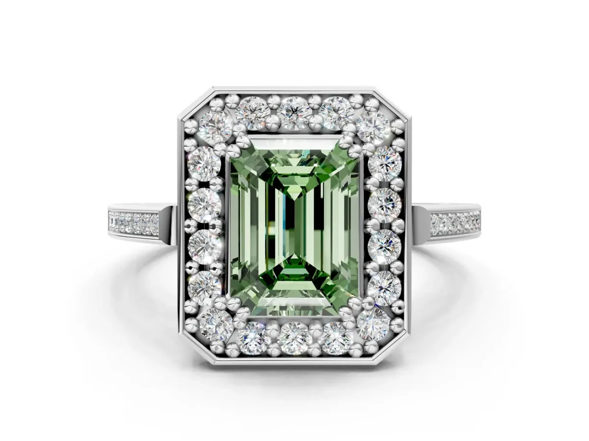 Fancy Green Emerald Cut Diamond Halo Ring with Split Shank and Four-Prong Setting White gold