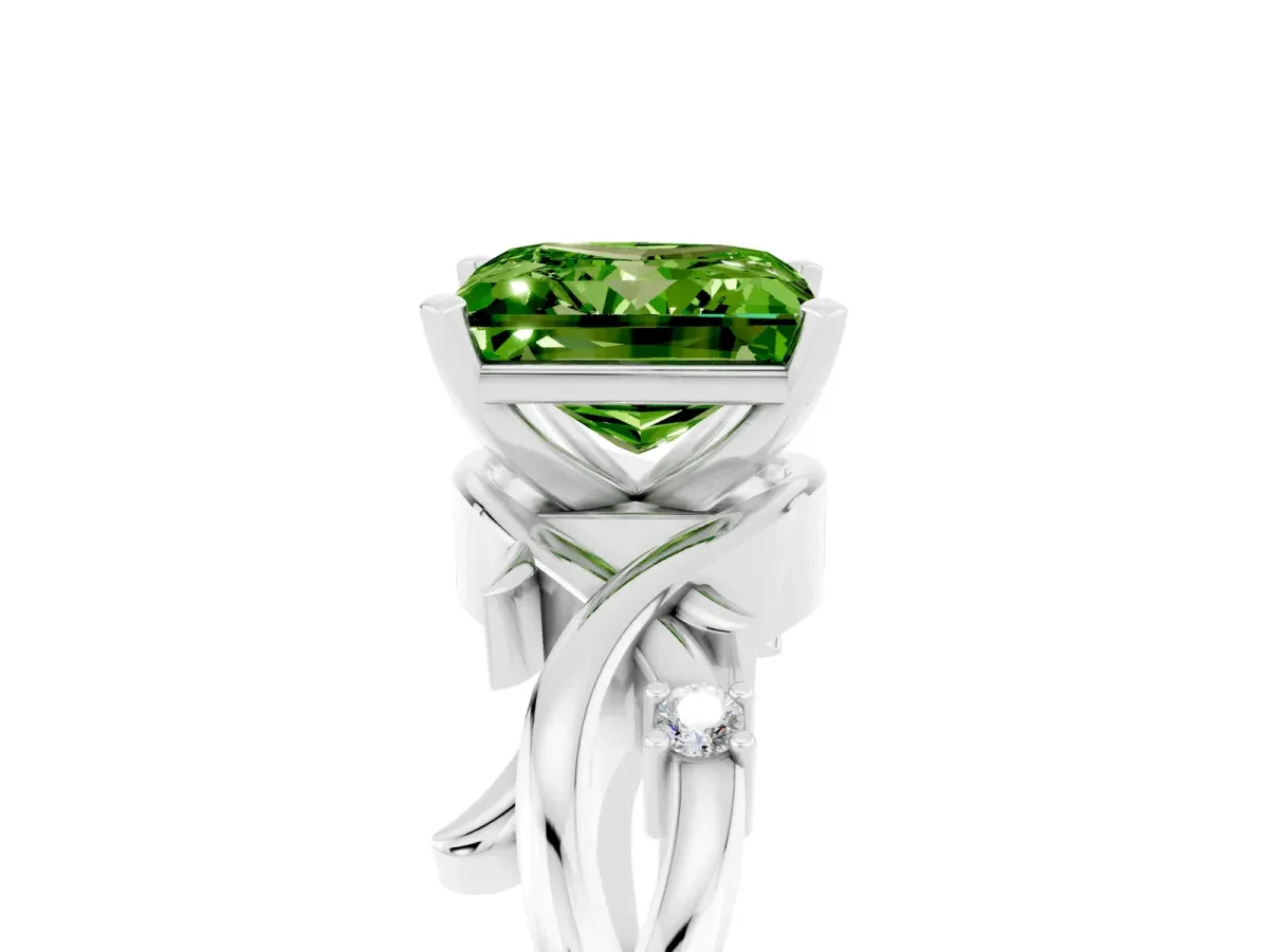 Princess Cut Peridot Solitaire Ring with Twisted Band and Prong Setting Platinum