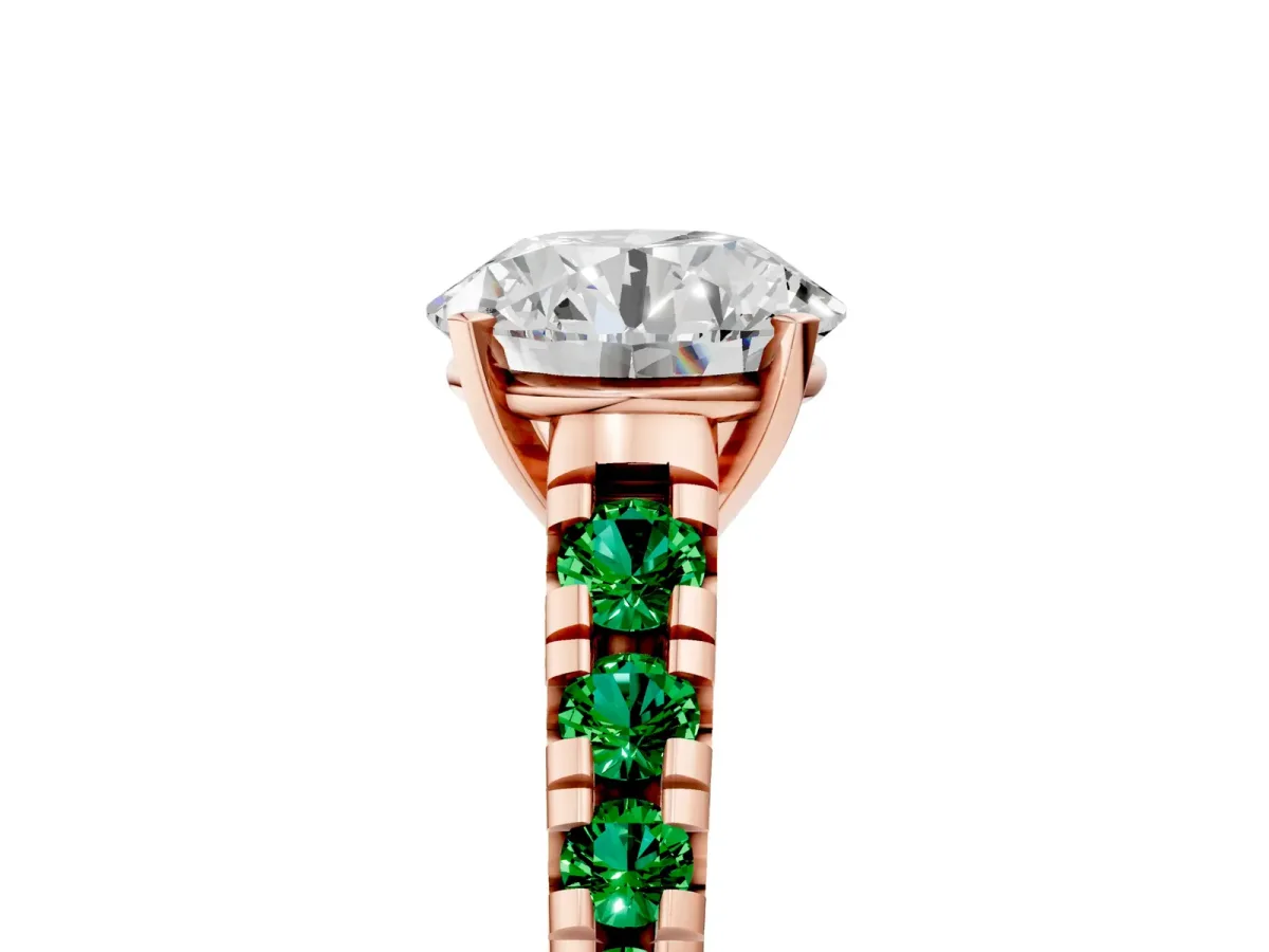 Round Cut Diamond Cathedral Solitaire Ring with Round Emerald Pavé Band Rose gold