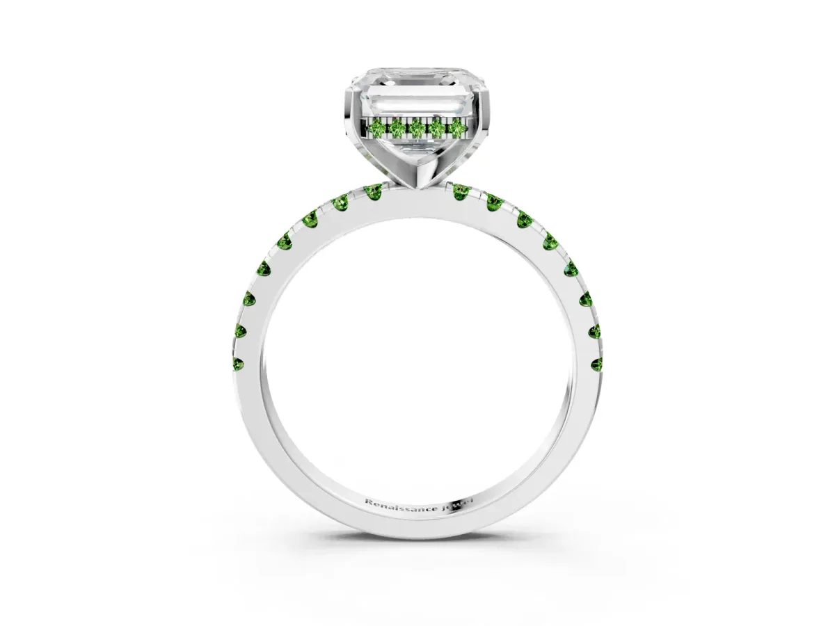 Asscher Cut Diamond Solitaire Ring with Round Peridot Pavé Band and Four-Prong Setting Silver