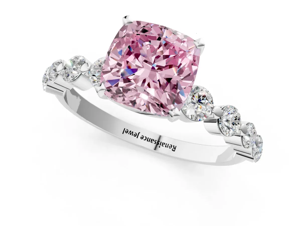 Fancy Pink Cushion Cut Solitaire Diamond Ring with Pave Band and Four-Prong Setting Silver