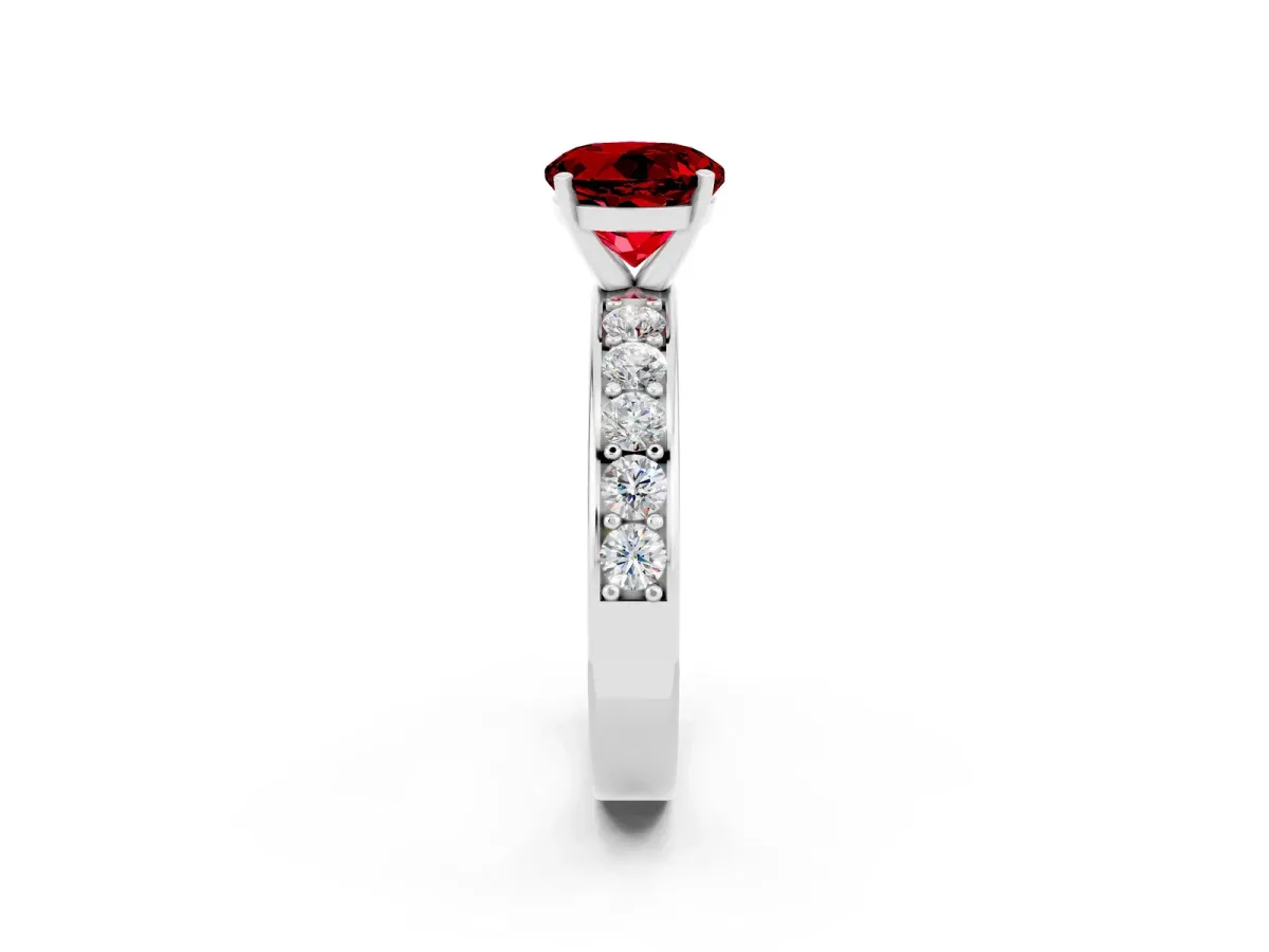 Round Cut Ruby Engagement Ring with Channel Set Round Band and Prong Setting White gold