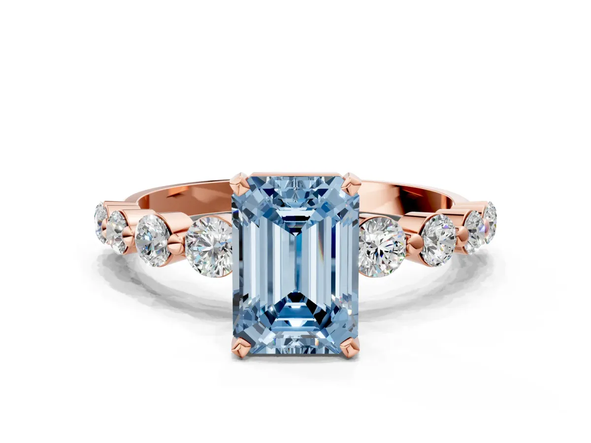 Fancy Blue Emerald Cut Solitaire Diamond Ring with Pave Band and Four-Prong Setting Rose gold