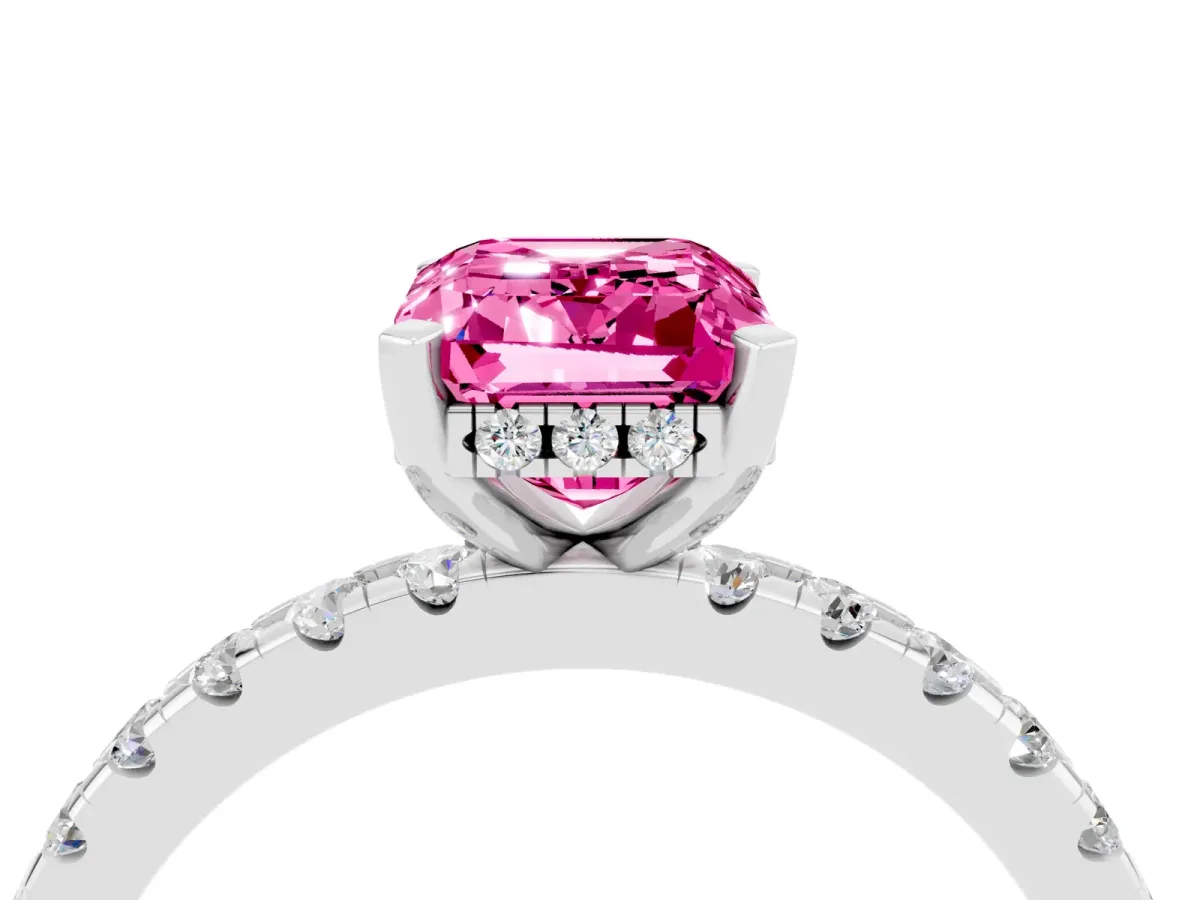 Emerald Cut Pink Sapphire Solitaire Ring with Round Pavé Band and Four-Prong Setting Silver
