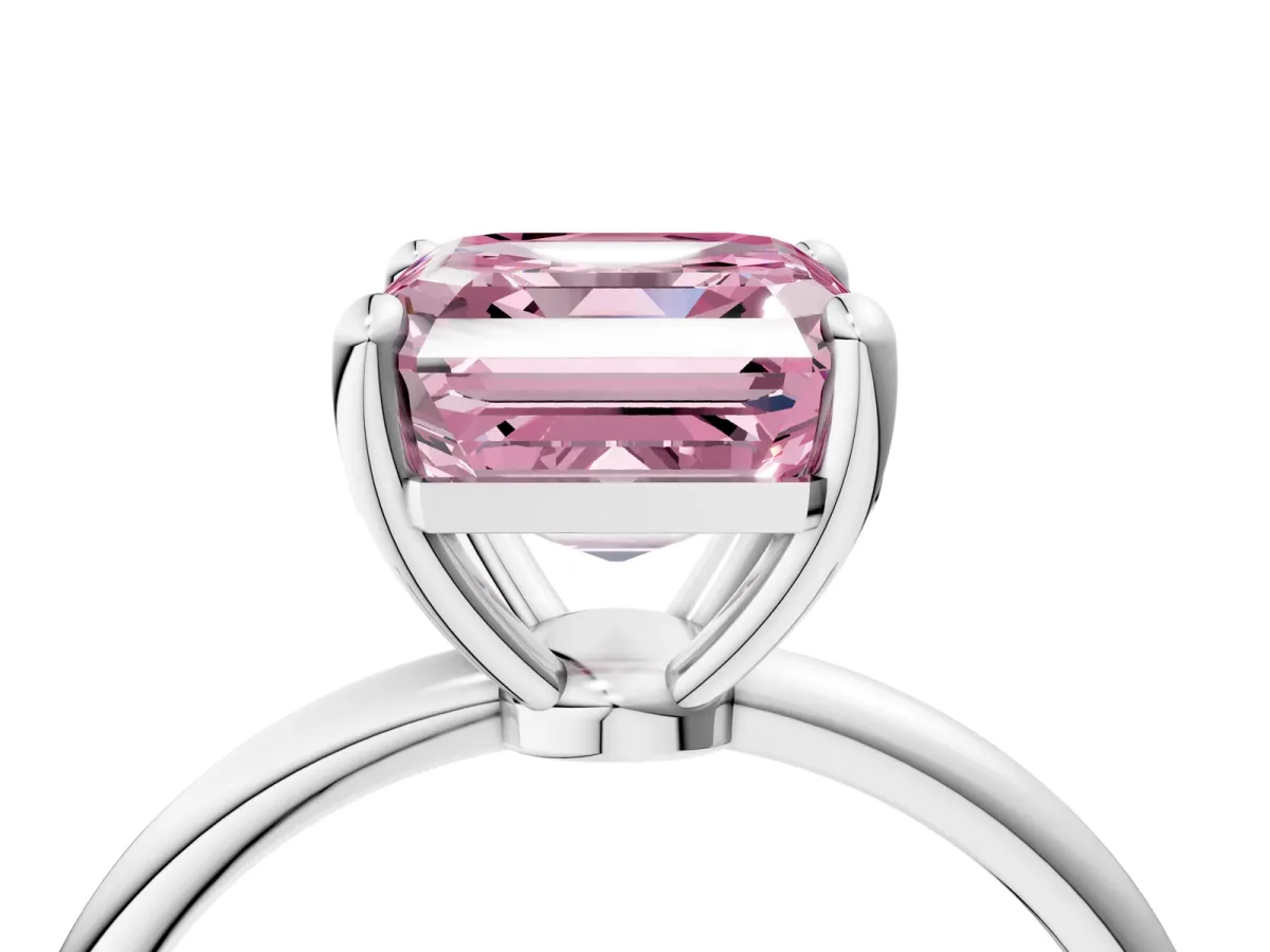Fancy Pink Asscher Cut Solitaire Diamond Ring with 4-Prong Setting on a Classic Band White gold