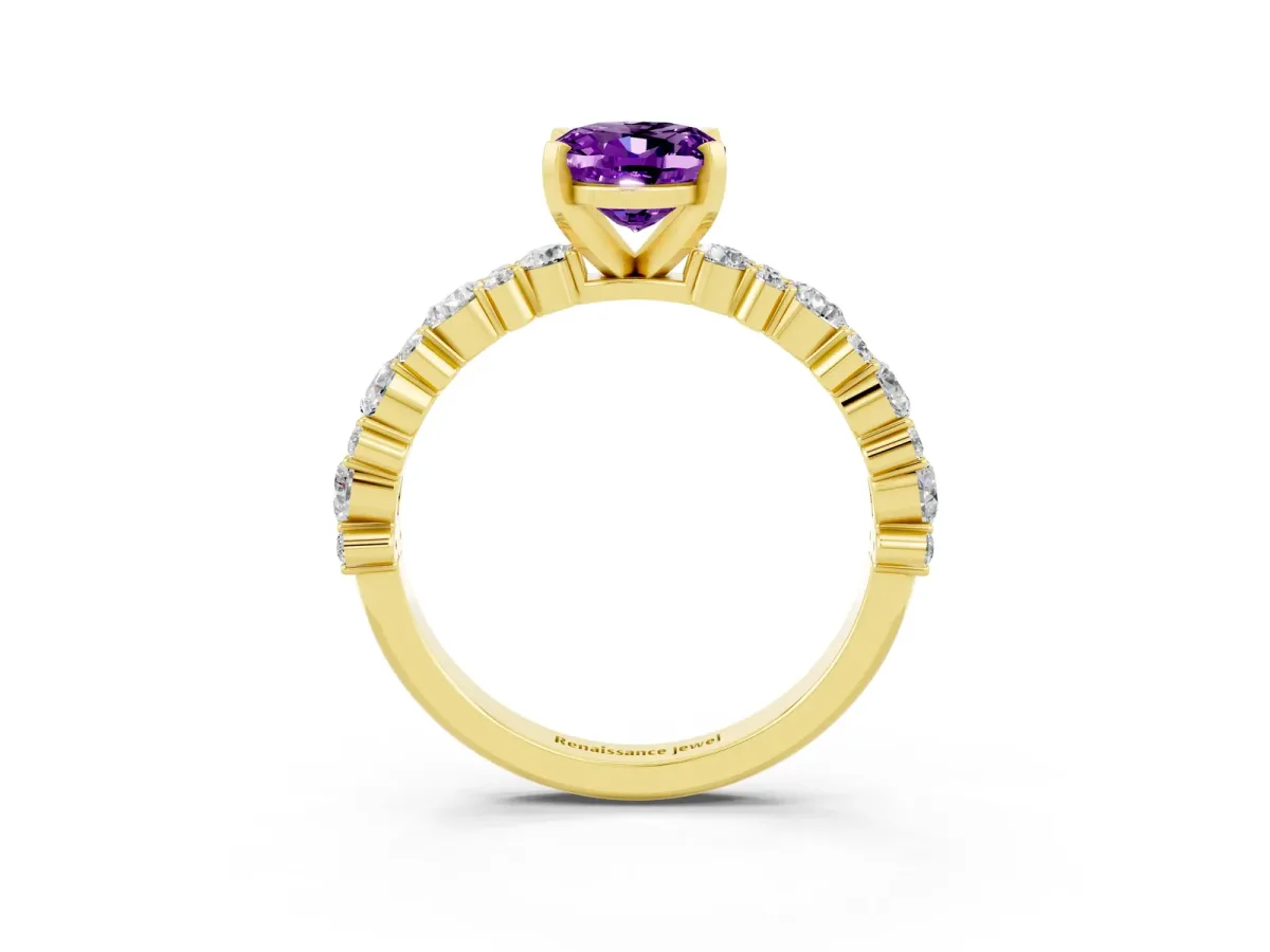 Oval Cut Amethyst Side Stone Solitaire Ring with Round and Four-Prong Setting Yellow gold