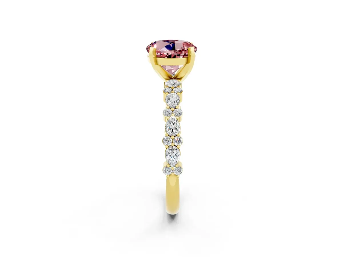 Round Cut Morganite Side Stone Solitaire Ring with Round and Four-Prong Setting Yellow gold