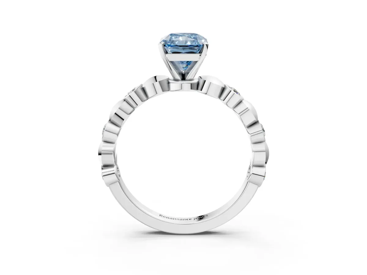 Fancy Blue Radiant Cut Solitaire Bezel-Set Diamond Ring with Beaded Band and Four-Prong Setting Platinum