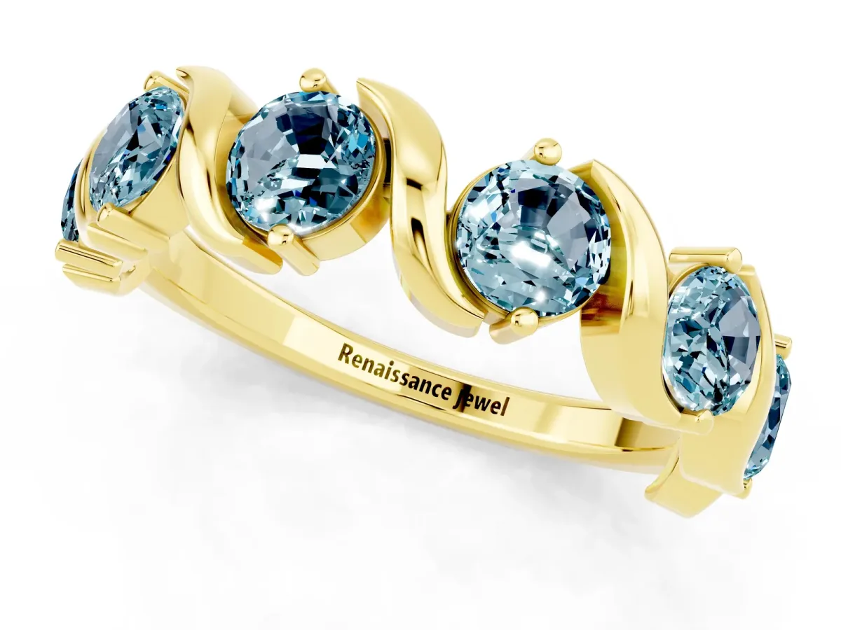 Round Aquamarine Half Eternity Band with Wave Prong Setting Yellow gold