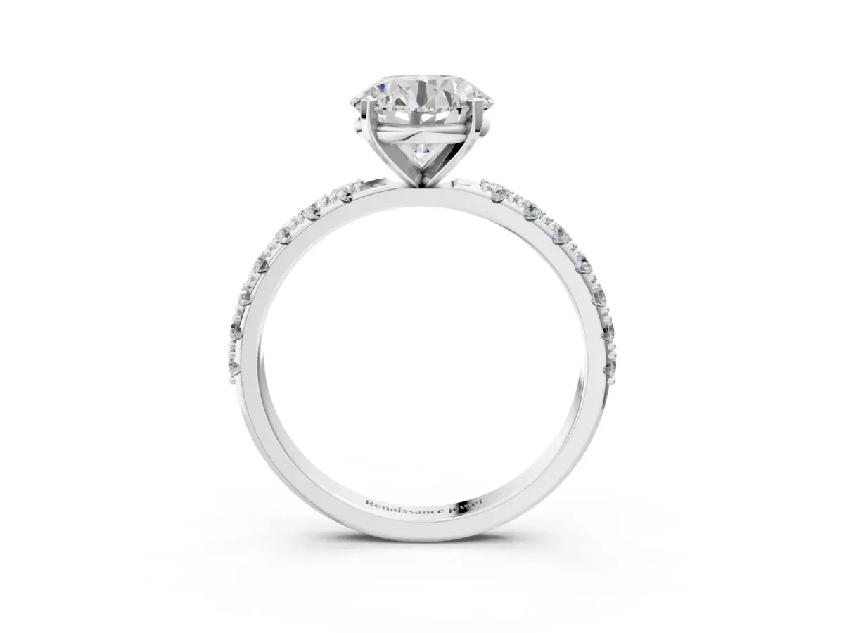 Round Cut Diamond Solitaire Pavé Band with Four-Prong Setting Platinum