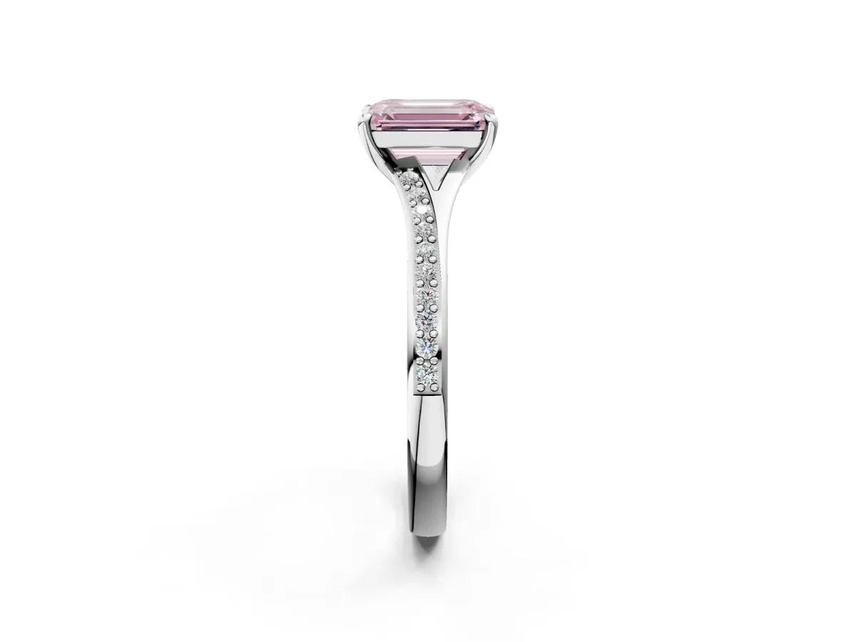 Fancy Pink Emerald Cut Diamond Solitaire Ring with Pavé Band and Prong Setting Silver