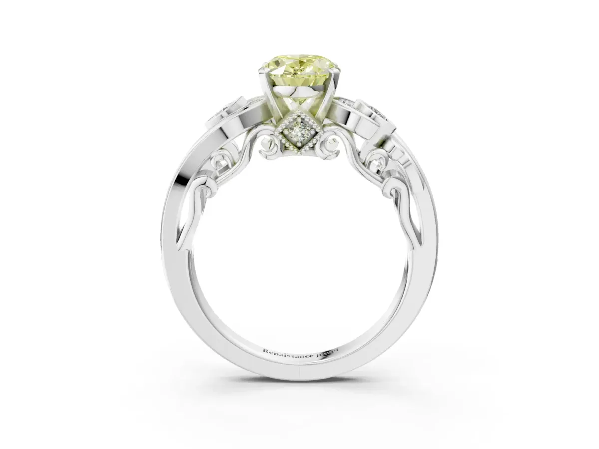 Fancy Yellow Oval Cut Diamond Solitaire Ring with Milgrain Pavé Band and Four-Prong Setting Silver