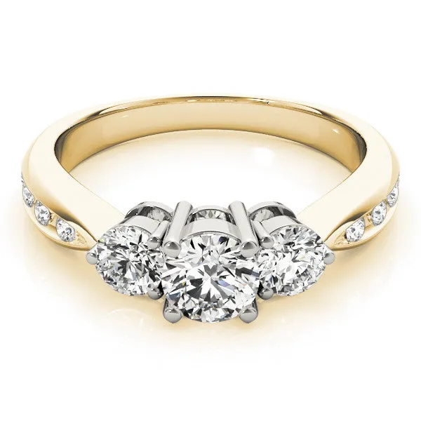 Three-Stone Radiant Cut Diamond Channel Set Engagement Ring with Prong Setting Yellow gold