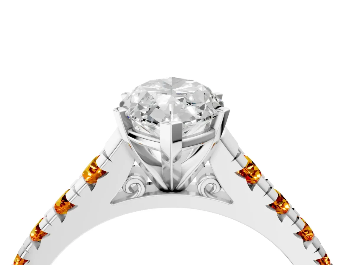 Marquise Cut Diamond Cathedral Solitaire Ring with Round Citrine Pavé Band Silver