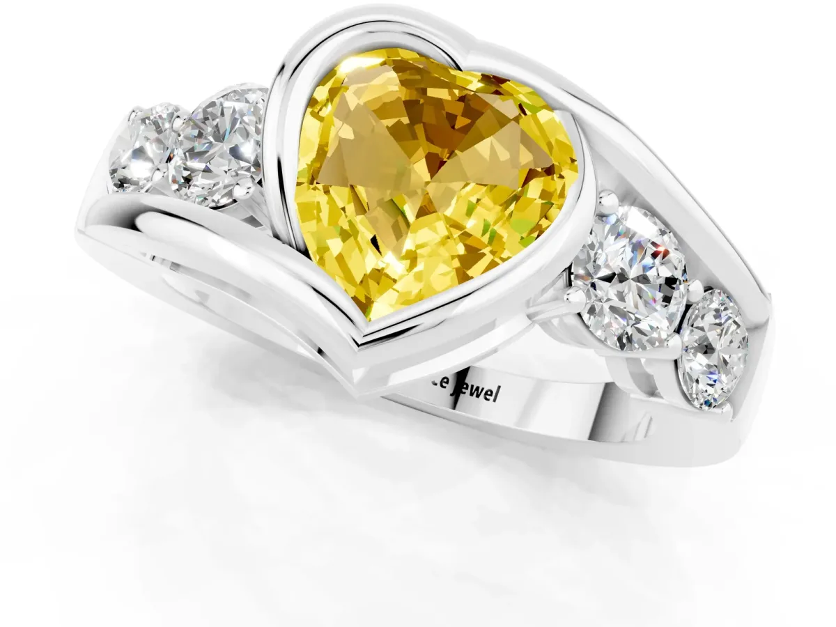 Bezel Set Heart Cut Yellow Sapphire Bypass Ring with Round Accents Silver