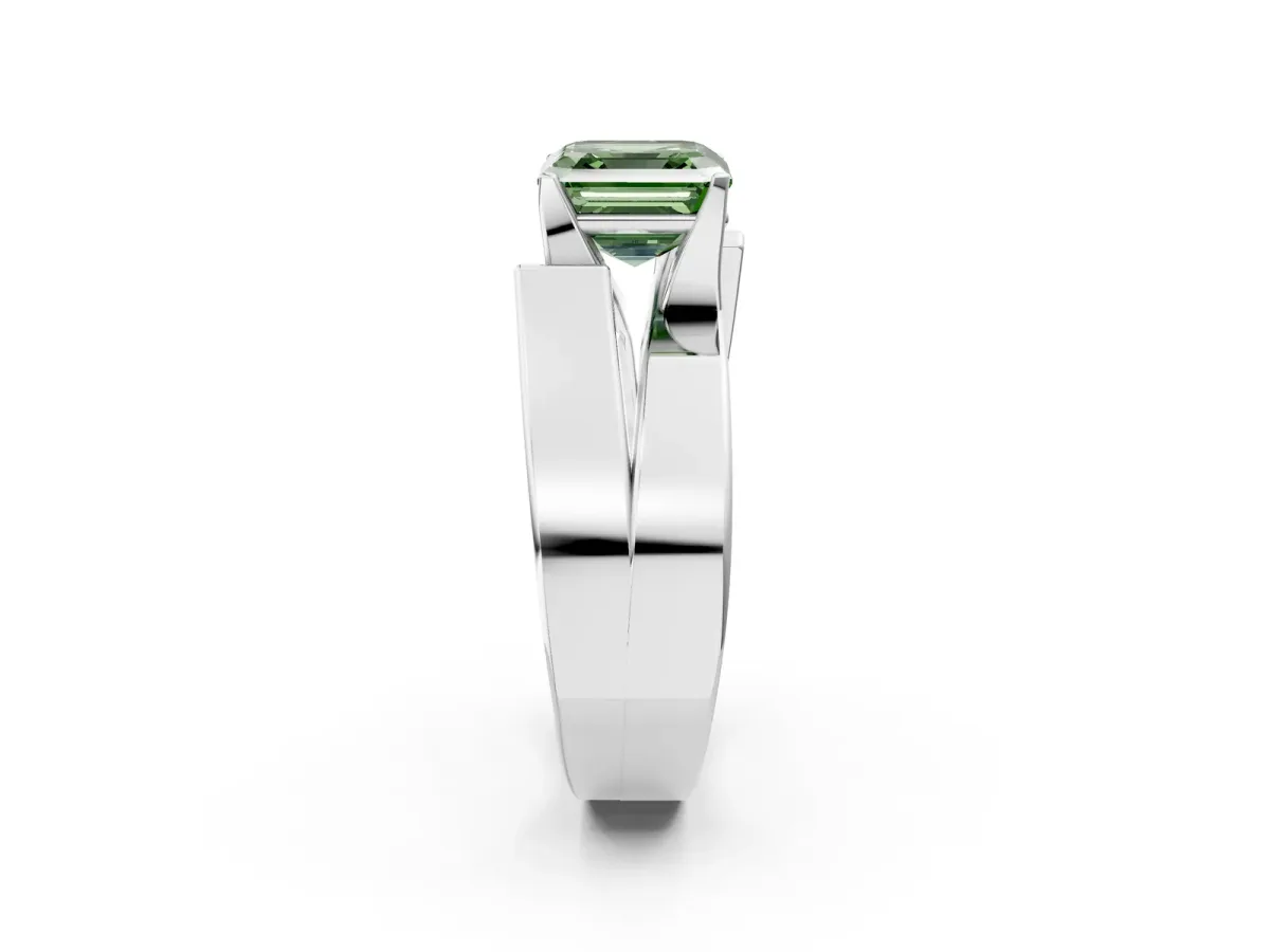 Fancy Green Modern Tension Set Asscher Cut Diamond Solitaire Wide Band Ring Silver