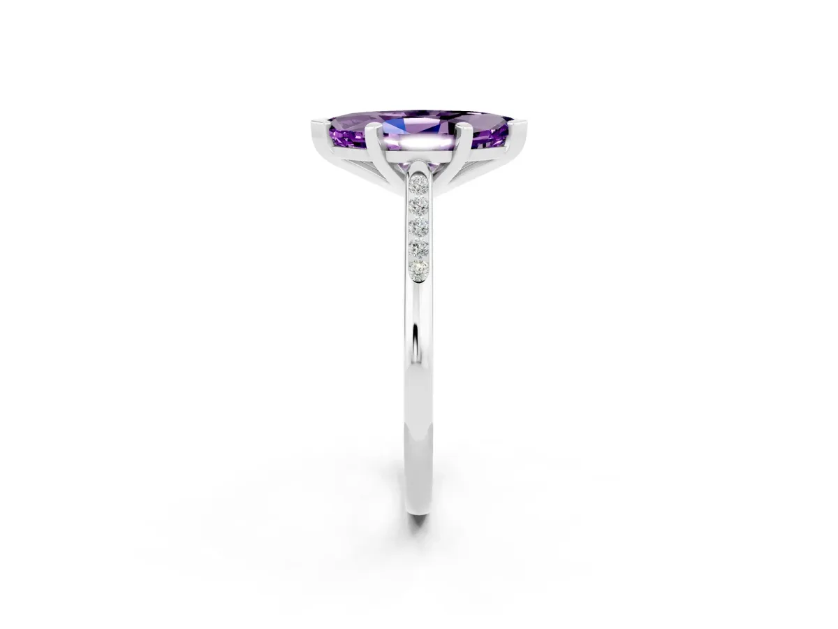 Marquise Cut Amethyst Solitaire Ring with Channel Set Round Band and Prong Setting Silver