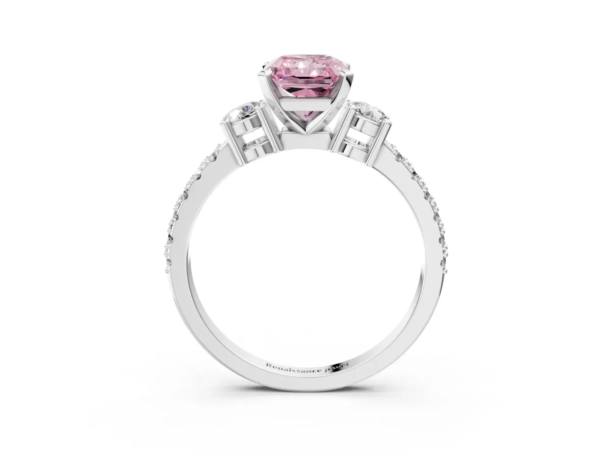 Fancy Pink Radiant Cut Cut Three-Stone Diamond Pavé Band with Prong Setting Platinum