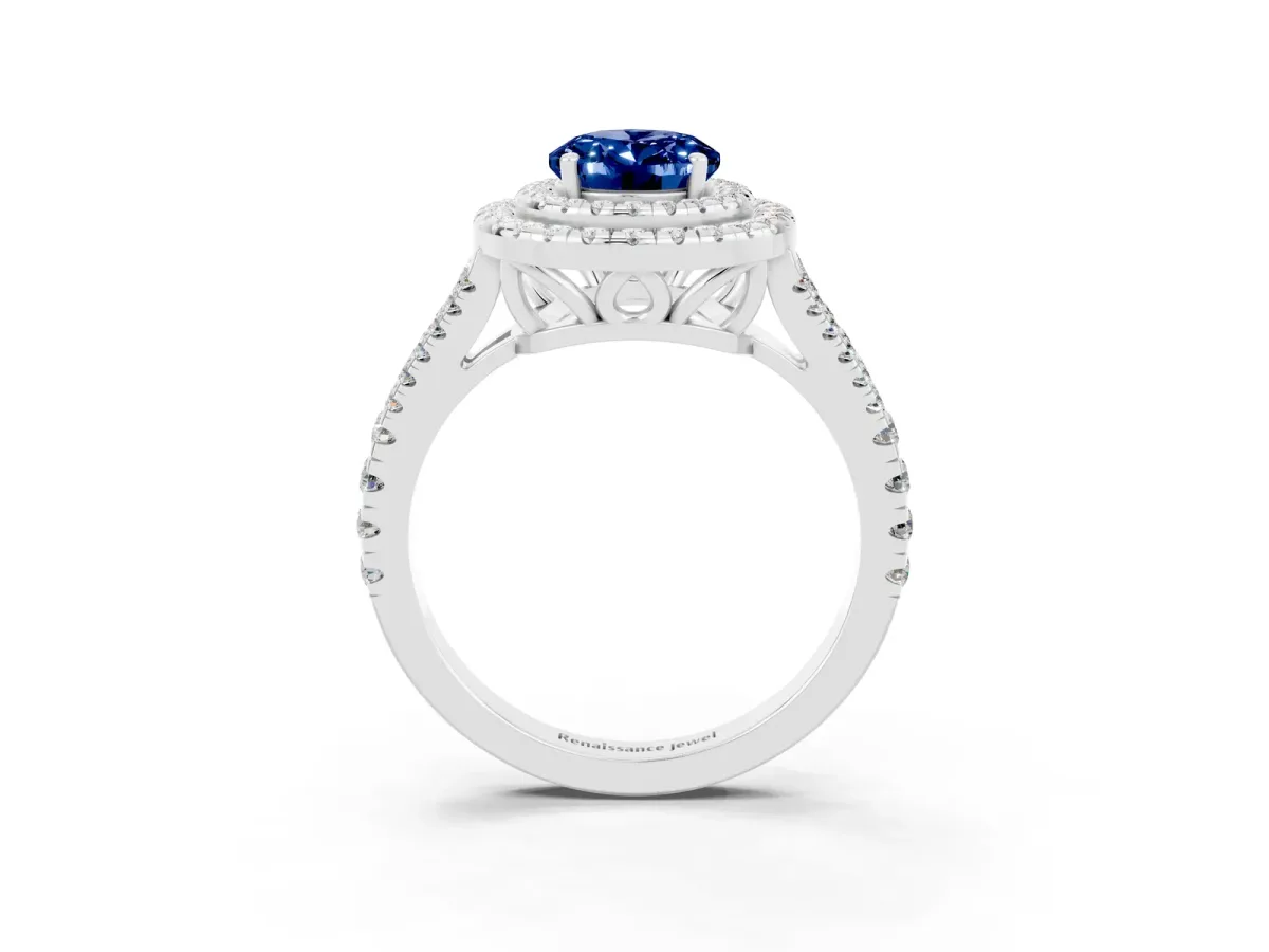 Oval Cut Blue Sapphire Double Halo Ring with Pavé Band and Prong Setting Silver