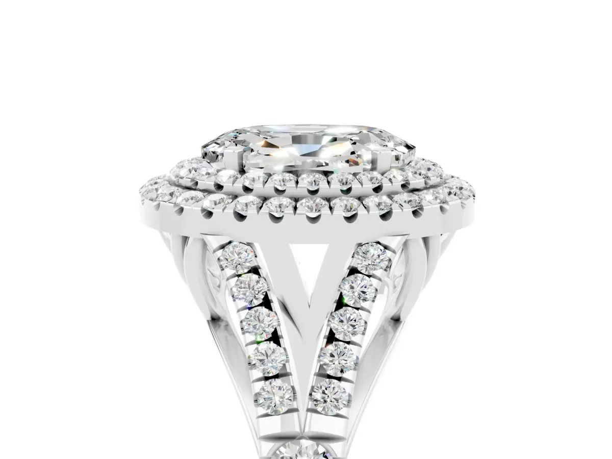 Double Halo Oval Cut Moissanite Pavé Split Shank Ring with Prong Setting Silver