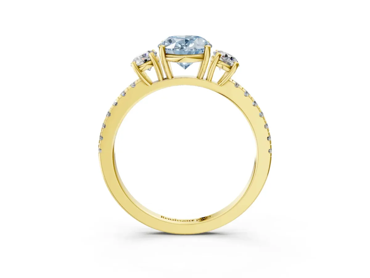 Fancy Blue Three-Stone Oval Cut Cut Diamond Pavé Band with Prong Setting Yellow gold